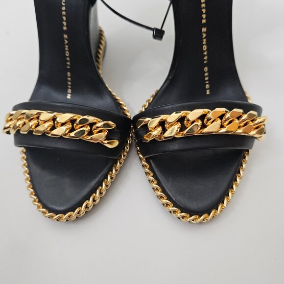 Giuseppe Zanotti Black Leather Chain Link Detail Wedge Sandals Sz 4 US / 34 EUR - Picture 7 of 9